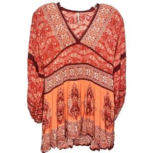 Free People Luna Scarf Print Tunic‎ Mini Dress Red Boho Hippie Size XS gauzy